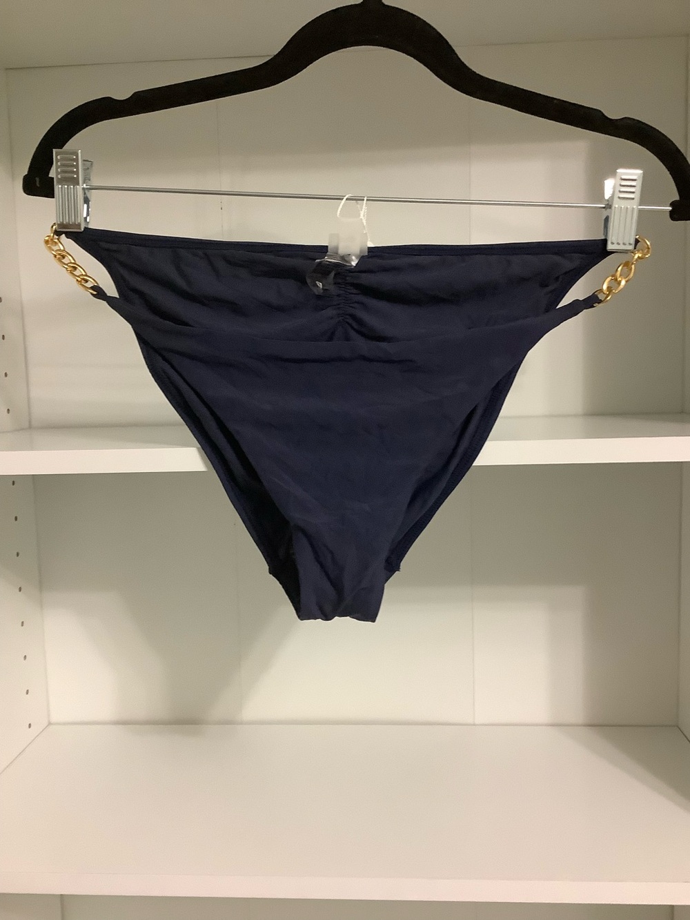 PQ Swim bikini bottom in navy features gold side chain